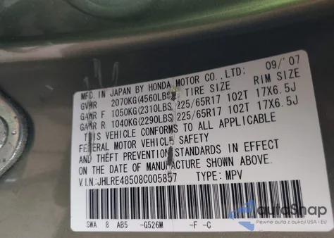 2008 Honda Cr-V Ex z USA, uszkodzony, nr VIN JHLRE48508C005857